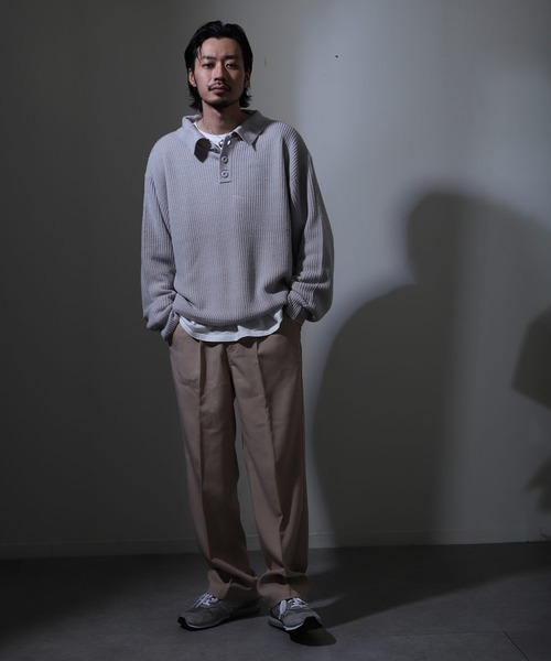 ZIP FIVE（ジップファイブ）の「【ZIP FIVE】ルーズニットポロシャツ/ドロップショルダー ポロニットセーター（ニット/セーター・レディース・ホワイト/ブラック/ベージュ/グレー・MEDIUM/LARGE/X-LARGE）」の18枚目の写真