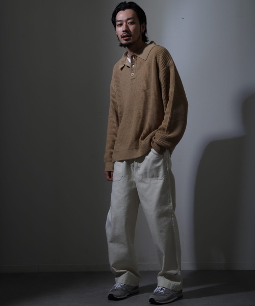 ZIP FIVE（ジップファイブ）の「【ZIP FIVE】ルーズニットポロシャツ/ドロップショルダー ポロニットセーター（ニット/セーター・レディース・ホワイト/ブラック/ベージュ/グレー・MEDIUM/LARGE/X-LARGE）」の9枚目の写真