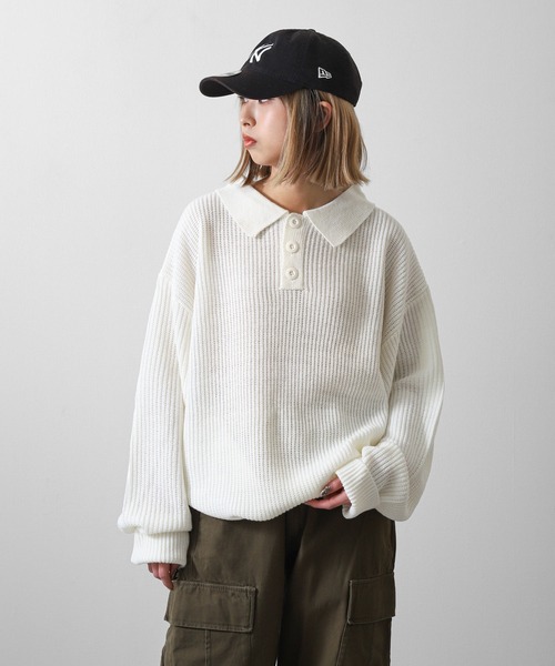 ZIP FIVE（ジップファイブ）の「【ZIP FIVE】ルーズニットポロシャツ/ドロップショルダー ポロニットセーター（ニット/セーター・レディース・ホワイト/ブラック/ベージュ/グレー・MEDIUM/LARGE/X-LARGE）」の22枚目の写真