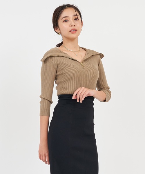 ROYAL PARTY(ロイヤルパーティー)の「ビックカラーZIP UPニットトップス(ニット/セーター・レディース・ブラック/オフホワイト/モカ・FREE)」の7枚目の写真