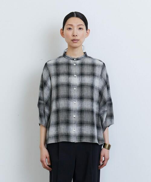 美品 LOISIR ロワズィール コットンリネン チェックバンドカラーシャツ 美品 LOISIR ロワズィール コットンリネン チェックバンドカラー