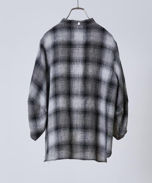 美品 LOISIR ロワズィール コットンリネン チェックバンドカラーシャツ 美品 LOISIR ロワズィール コットンリネン チェックバンドカラー