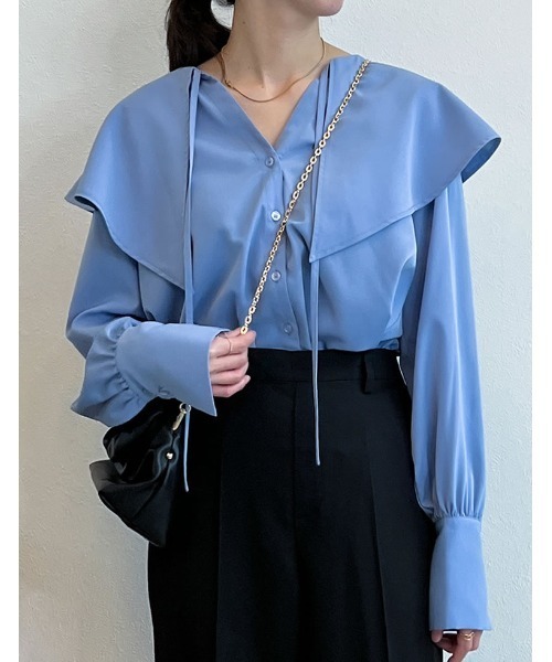 Re:EDIT（リエディ）の「キーネックデザインビッグカラーブラウス（シャツ/ブラウス・レディース・イエロー/ブルー/ホワイト/ブラック・LARGE/MEDIUM）」の17枚目の写真