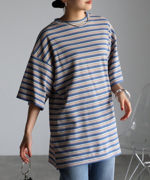 r.(アールドット)の「マルチカラーボーダーワッフル オーバー Tシャツ(Tシャツ/カットソー・レディース・ブルー/オレンジ/グリーン・FREE)」の2枚目の写真