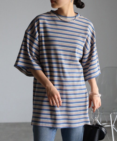 r.(アールドット)の「マルチカラーボーダーワッフル オーバー Tシャツ(Tシャツ/カットソー・レディース・ブルー/オレンジ/グリーン・FREE)」の4枚目の写真