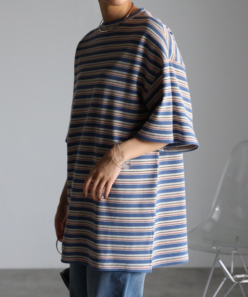 r.(アールドット)の「マルチカラーボーダーワッフル オーバー Tシャツ(Tシャツ/カットソー・レディース・ブルー/オレンジ/グリーン・FREE)」の5枚目の写真
