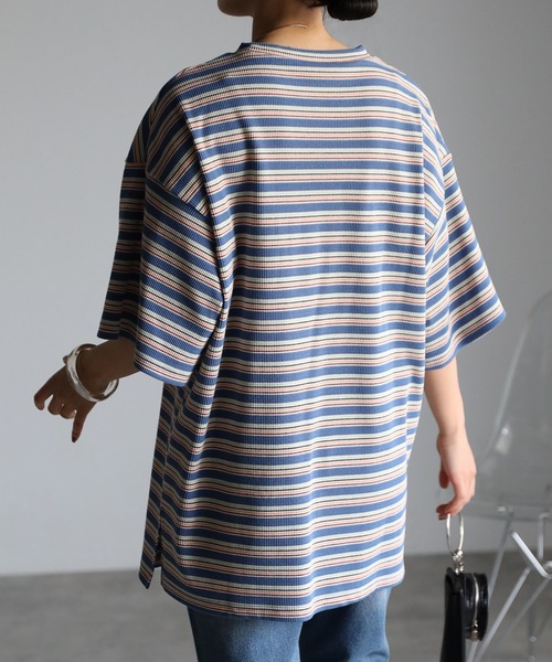 r.(アールドット)の「マルチカラーボーダーワッフル オーバー Tシャツ(Tシャツ/カットソー・レディース・ブルー/オレンジ/グリーン・FREE)」の6枚目の写真