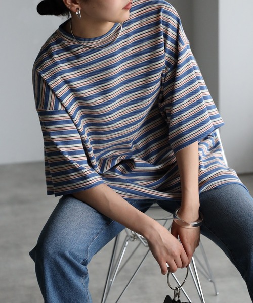 r.(アールドット)の「マルチカラーボーダーワッフル オーバー Tシャツ(Tシャツ/カットソー・レディース・ブルー/オレンジ/グリーン・FREE)」の7枚目の写真