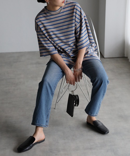 r.(アールドット)の「マルチカラーボーダーワッフル オーバー Tシャツ(Tシャツ/カットソー・レディース・ブルー/オレンジ/グリーン・FREE)」の8枚目の写真
