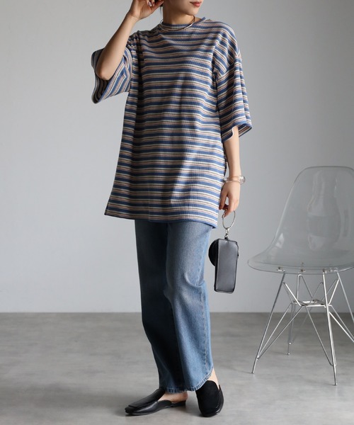 r.(アールドット)の「マルチカラーボーダーワッフル オーバー Tシャツ(Tシャツ/カットソー・レディース・ブルー/オレンジ/グリーン・FREE)」の9枚目の写真
