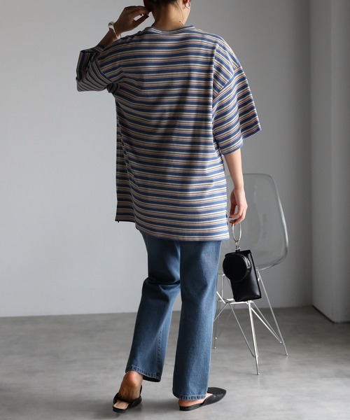 r.(アールドット)の「マルチカラーボーダーワッフル オーバー Tシャツ(Tシャツ/カットソー・レディース・ブルー/オレンジ/グリーン・FREE)」の12枚目の写真