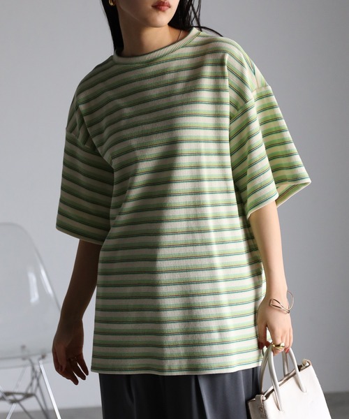 r.(アールドット)の「マルチカラーボーダーワッフル オーバー Tシャツ(Tシャツ/カットソー・レディース・ブルー/オレンジ/グリーン・FREE)」の14枚目の写真