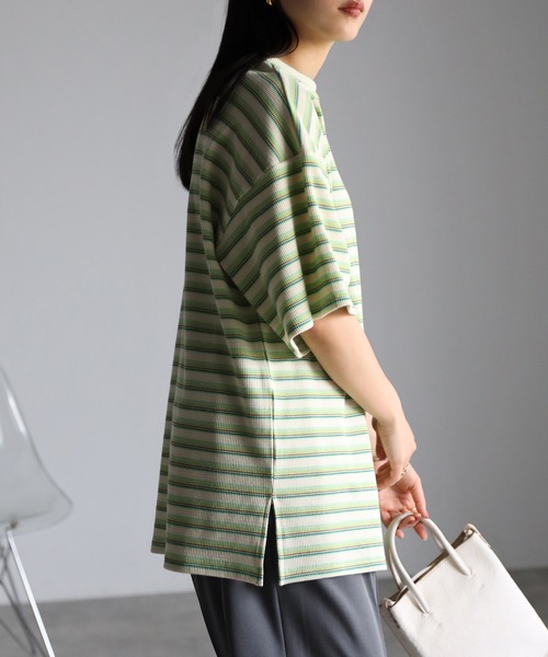 r.(アールドット)の「マルチカラーボーダーワッフル オーバー Tシャツ(Tシャツ/カットソー・レディース・ブルー/オレンジ/グリーン・FREE)」の15枚目の写真
