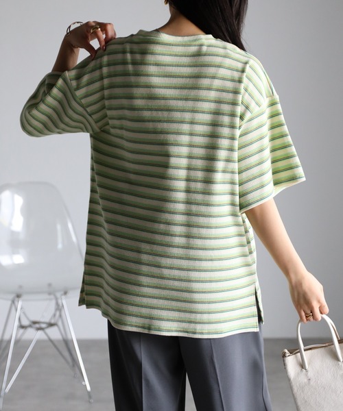 r.(アールドット)の「マルチカラーボーダーワッフル オーバー Tシャツ(Tシャツ/カットソー・レディース・ブルー/オレンジ/グリーン・FREE)」の16枚目の写真