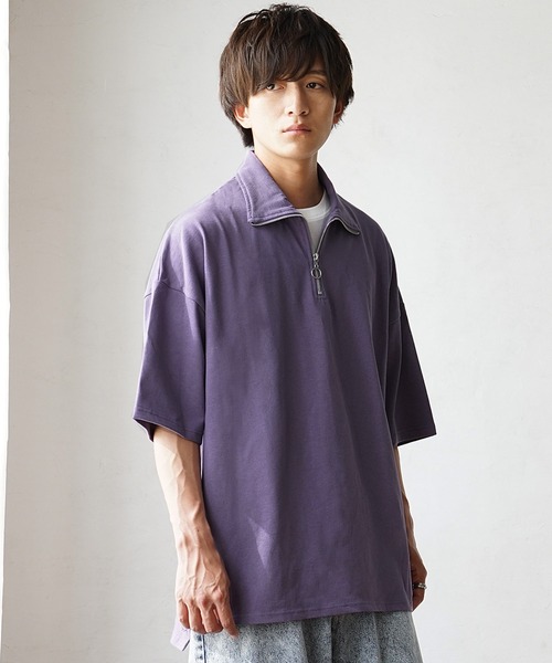 MinoriTY】ヘビーウエイトハーフジップポロシャツ 半袖Tシャツ メンズ