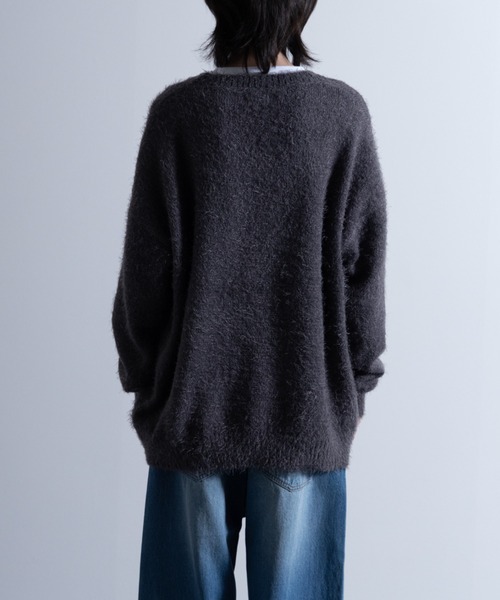 セール】Shaggy Solid/Border Loose V-neck Knit Sweater