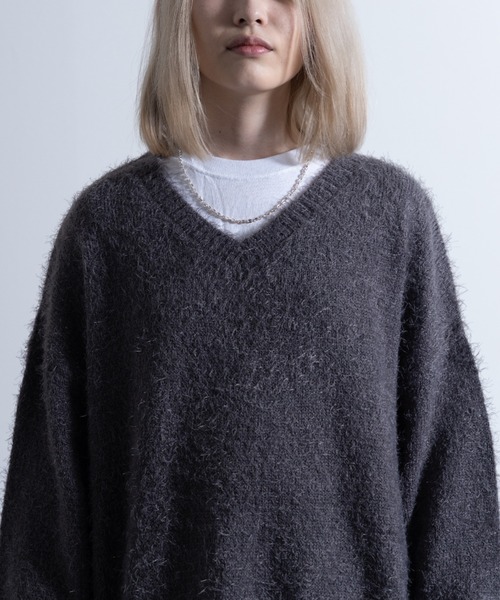 セール】Shaggy Solid/Border Loose V-neck Knit Sweater