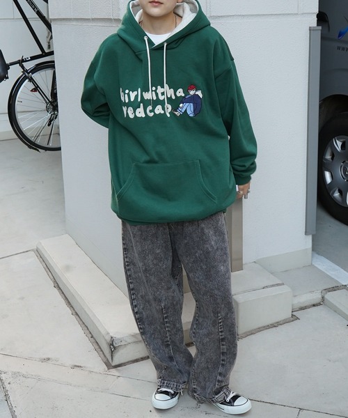 緑デニムパーカースウェットキャップバッグにstoneTシャツ セール】【RED CAP GIRL】ビッグシルエット フロントプリント