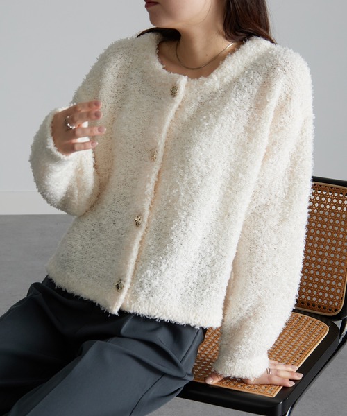 mina perhonenリボンヤーンボレロカーディガン