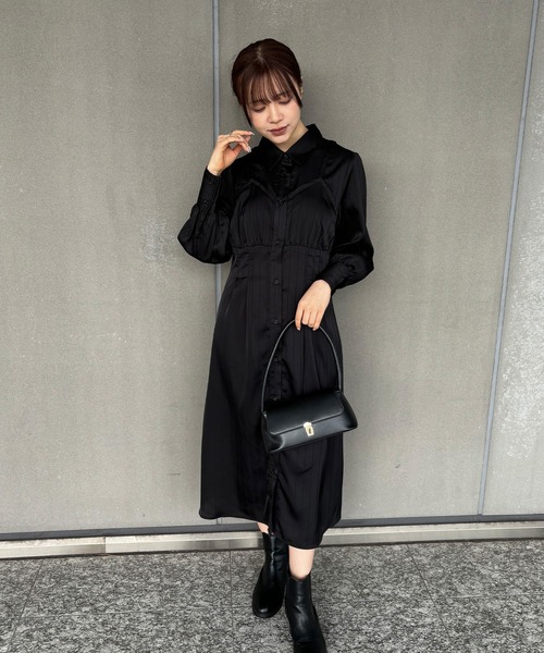 ISOOK(アイスー)の「【ISOOK / アイスー】ストライプビスチェデザインシャツワンピース / サテンワンピース ミモレ丈 きれいめ ロング丈 結婚式 入学式 ZOZOTOWN限定(シャツワンピース・レディース・ブルー/ブラック・FREE)」の8枚目の写真