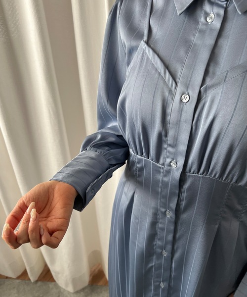 ISOOK(アイスー)の「【ISOOK / アイスー】ストライプビスチェデザインシャツワンピース / サテンワンピース ミモレ丈 きれいめ ロング丈 結婚式 入学式 ZOZOTOWN限定(シャツワンピース・レディース・ブルー/ブラック・FREE)」の12枚目の写真