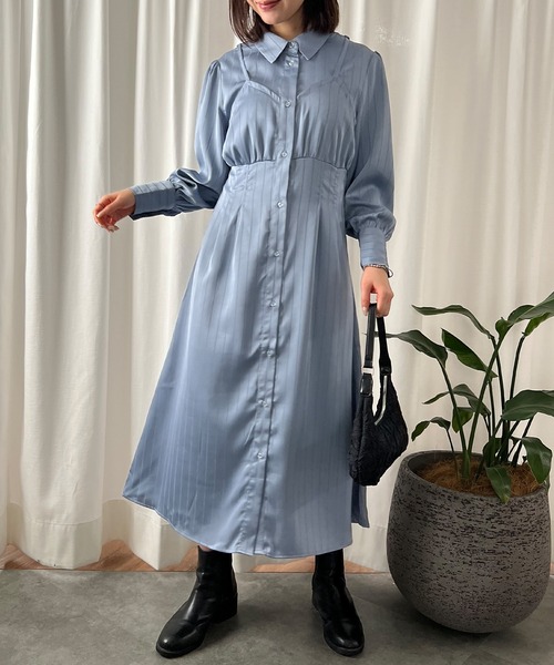 ISOOK(アイスー)の「【ISOOK / アイスー】ストライプビスチェデザインシャツワンピース / サテンワンピース ミモレ丈 きれいめ ロング丈 結婚式 入学式 ZOZOTOWN限定(シャツワンピース・レディース・ブルー/ブラック・FREE)」の3枚目の写真