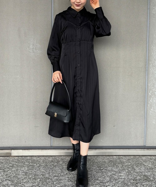 ISOOK(アイスー)の「【ISOOK / アイスー】ストライプビスチェデザインシャツワンピース / サテンワンピース ミモレ丈 きれいめ ロング丈 結婚式 入学式 ZOZOTOWN限定(シャツワンピース・レディース・ブルー/ブラック・FREE)」の5枚目の写真