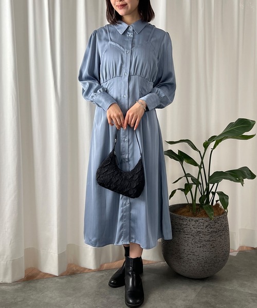 ISOOK(アイスー)の「【ISOOK / アイスー】ストライプビスチェデザインシャツワンピース / サテンワンピース ミモレ丈 きれいめ ロング丈 結婚式 入学式 ZOZOTOWN限定(シャツワンピース・レディース・ブルー/ブラック・FREE)」の9枚目の写真