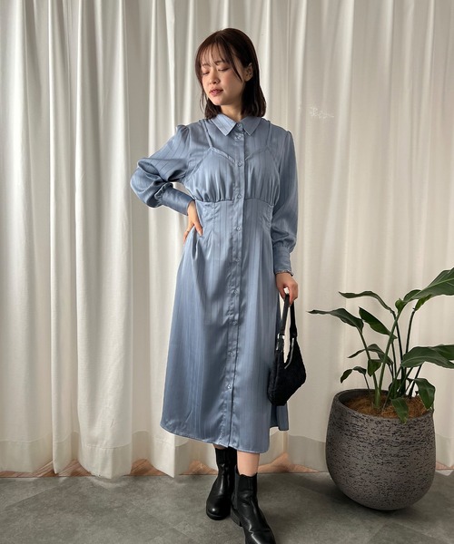 ISOOK(アイスー)の「【ISOOK / アイスー】ストライプビスチェデザインシャツワンピース / サテンワンピース ミモレ丈 きれいめ ロング丈 結婚式 入学式 ZOZOTOWN限定(シャツワンピース・レディース・ブルー/ブラック・FREE)」の10枚目の写真