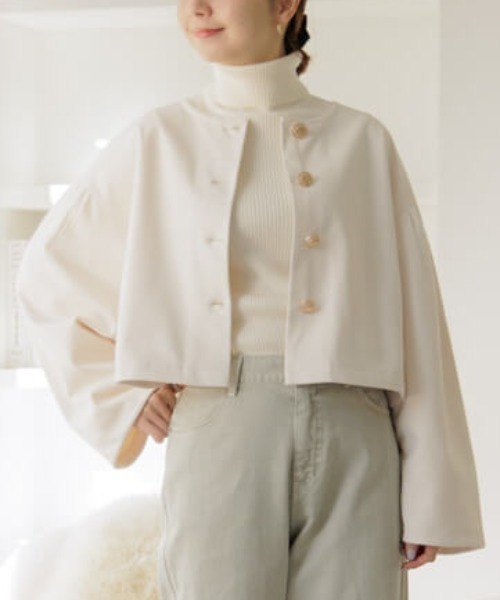 flower（フラワー）の「ウォーミーサニージャケット（ノーカラージャケット・レディース・アイボリー/グレー・FREE）」の2枚目の写真