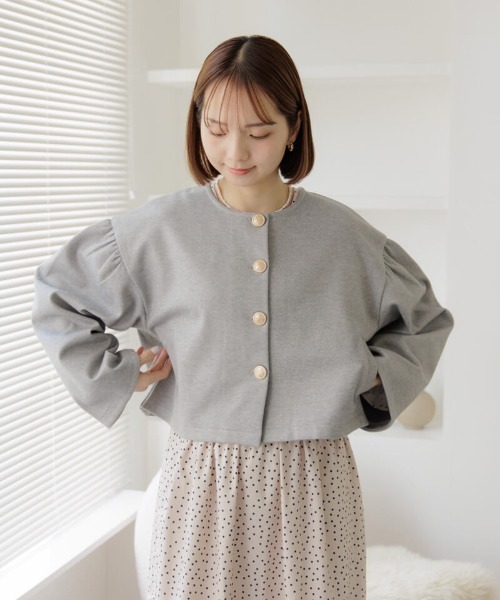 flower（フラワー）の「ウォーミーサニージャケット（ノーカラージャケット・レディース・アイボリー/グレー・FREE）」の5枚目の写真