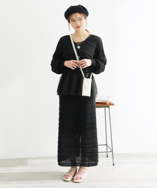 ROPE' PICNIC（ロペピクニック）の「セットアップ対応/透かし編みテープヤーンIラインニットスカート（スカート・レディース・ブラウン系その他2/ブラック系その他/ホワイト系その他5・40/38）」の4枚目の写真