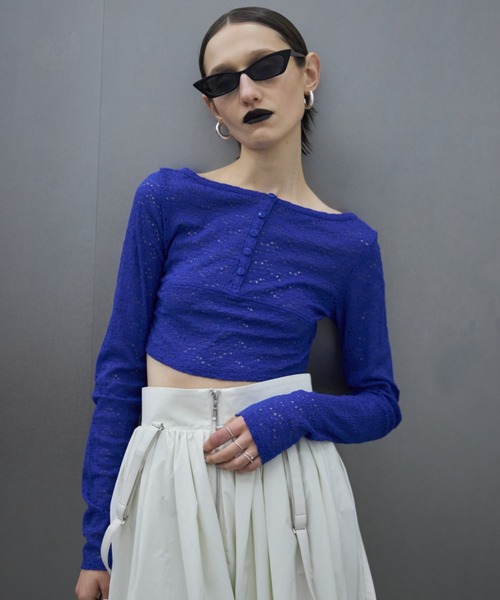 JOSE MOON（ジョゼムーン）の「STRETCH LACE CROP TOP/ストレッチレースクロップトップ（Tシャツ/カットソー・レディース・ホワイト/ブラック/ブルー・FREE）」の3枚目の写真