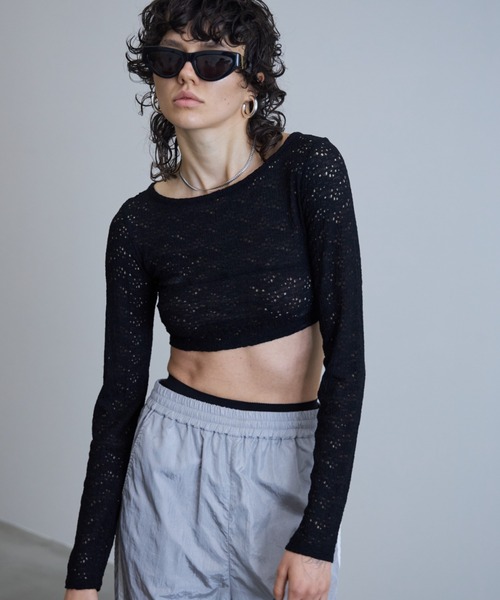 JOSE MOON（ジョゼムーン）の「STRETCH LACE CROP TOP/ストレッチレースクロップトップ（Tシャツ/カットソー・レディース・ホワイト/ブラック/ブルー・FREE）」の2枚目の写真