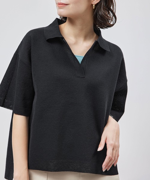 ROPE'（ロペ）の「リネンライクスキッパー半袖トップス（ニット/セーター・レディース・ネイビー/オフホワイト・FREE）」の7枚目の写真