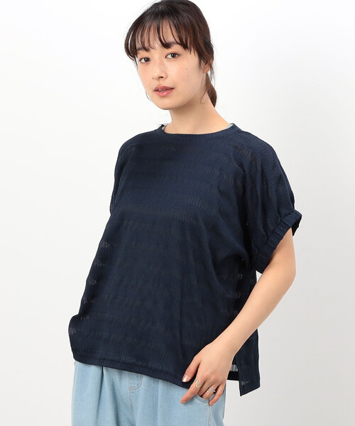 ONIGIRI(オニギリ)の「シアーボーダー ドルマンスリーブTシャツ(Tシャツ/カットソー・レディース・イエロー/ネイビー/ターコイズブルー/ホワイト・FREE)」の2枚目の写真