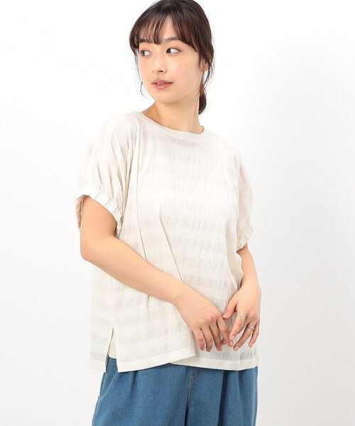 ONIGIRI(オニギリ)の「シアーボーダー ドルマンスリーブTシャツ(Tシャツ/カットソー・レディース・イエロー/ネイビー/ターコイズブルー/ホワイト・FREE)」の1枚目の写真