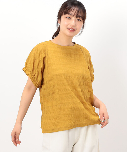 ONIGIRI(オニギリ)の「シアーボーダー ドルマンスリーブTシャツ(Tシャツ/カットソー・レディース・イエロー/ネイビー/ターコイズブルー/ホワイト・FREE)」の4枚目の写真