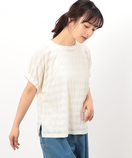 ONIGIRI(オニギリ)の「シアーボーダー ドルマンスリーブTシャツ(Tシャツ/カットソー・レディース・イエロー/ネイビー/ターコイズブルー/ホワイト・FREE)」の6枚目の写真
