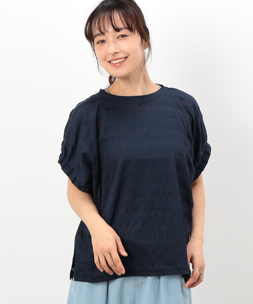 ONIGIRI(オニギリ)の「シアーボーダー ドルマンスリーブTシャツ(Tシャツ/カットソー・レディース・イエロー/ネイビー/ターコイズブルー/ホワイト・FREE)」の8枚目の写真