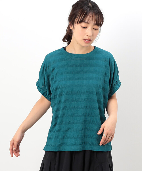 ONIGIRI(オニギリ)の「シアーボーダー ドルマンスリーブTシャツ(Tシャツ/カットソー・レディース・イエロー/ネイビー/ターコイズブルー/ホワイト・FREE)」の13枚目の写真
