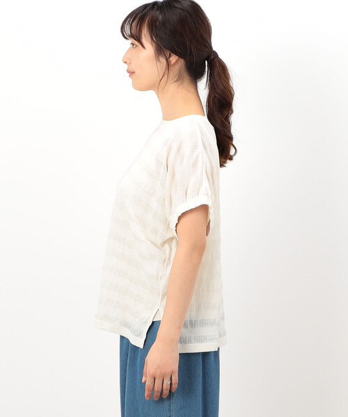 ONIGIRI(オニギリ)の「シアーボーダー ドルマンスリーブTシャツ(Tシャツ/カットソー・レディース・イエロー/ネイビー/ターコイズブルー/ホワイト・FREE)」の16枚目の写真