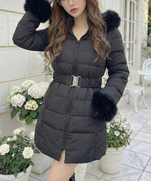 セール】【360度大人カワイイ】ベルト付き ファー 中綿ダウン ミディ