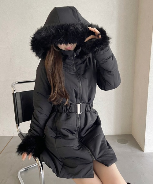 セール】【360度大人カワイイ】ベルト付き ファー 中綿ダウン ミディ