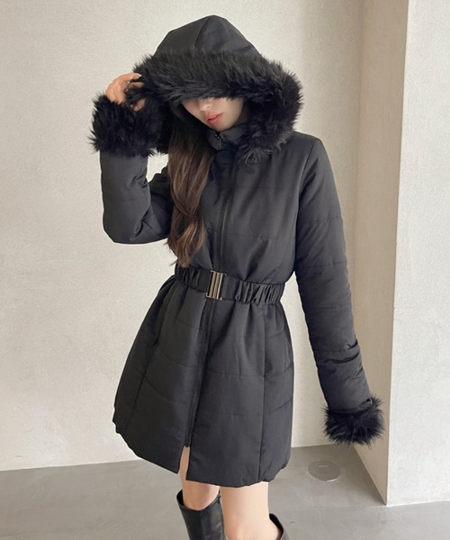 セール】【360度大人カワイイ】ベルト付き ファー 中綿ダウン ミディ