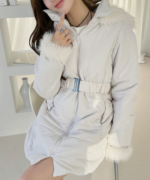 セール】【360度大人カワイイ】ベルト付き ファー 中綿ダウン ミディ