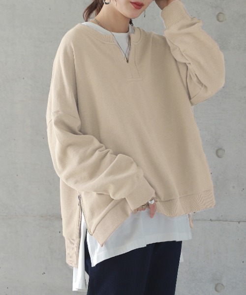HUG.U(ハグユー)の「キーネックサイドジップ(パーカー・レディース・モカ/チャコール/ブラック/ライトベージュ・L/M)」の1枚目の写真