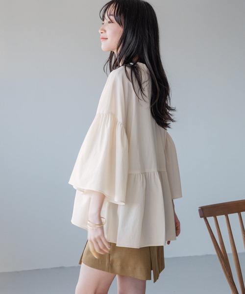 LOWRYS FARM(ローリーズファーム)の「バンドカラーフレアスリーブ8S 116611(シャツ/ブラウス・レディース・ブラック/ダークブラウン/ピンク/アイボリー/ブルー・FREE)」の7枚目の写真