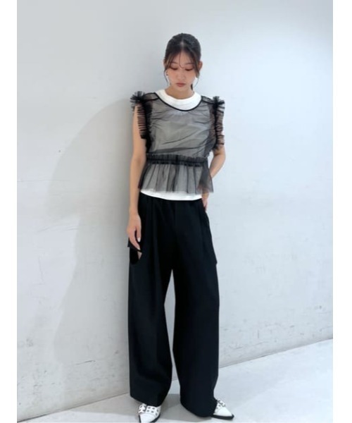 【エルフィンフォルク】ベスト・フリル付きシャツ 2点セット セール】ストライプ柄バンドカラーシャツ×ビスチェ風ニット