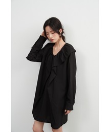 立体裁断ラッフルカラー長袖チュニックワンピ-ス